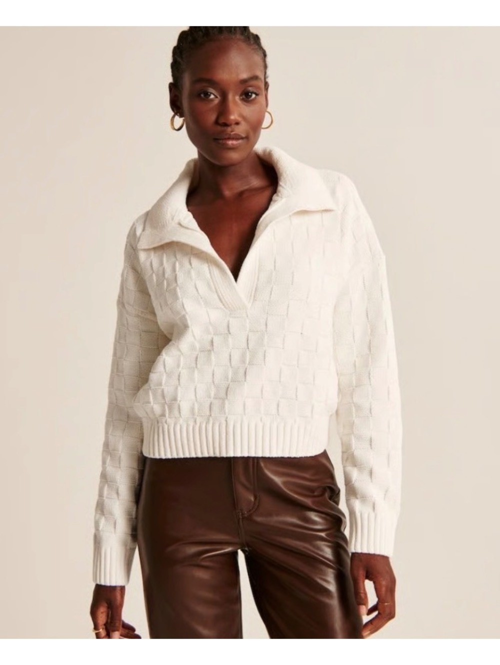 Abercrombie & Fitch Checkerboard Stitch Notch Neck Copped Sweater Size S